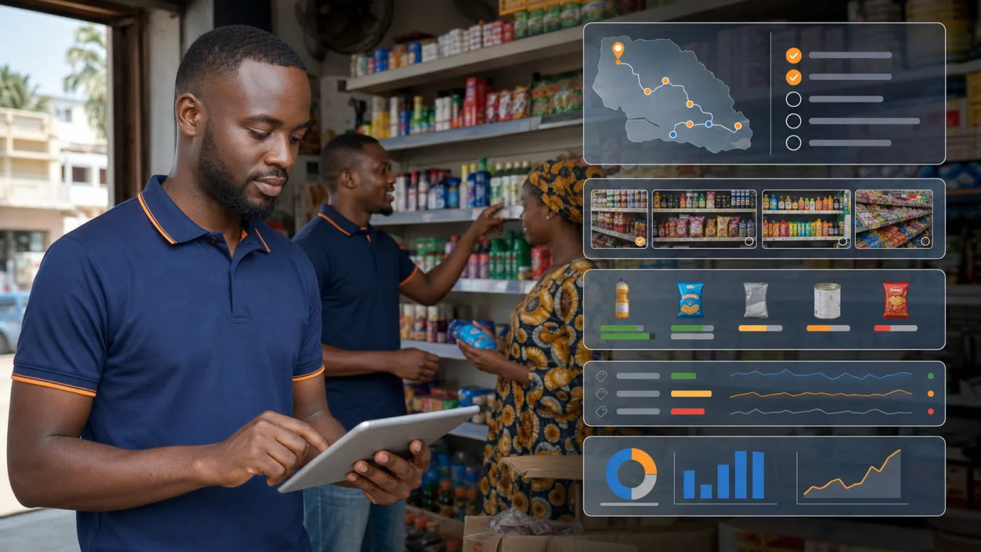 Superviseur terrain consolidant les visites, données de rayon et indicateurs commerciaux sur tablette